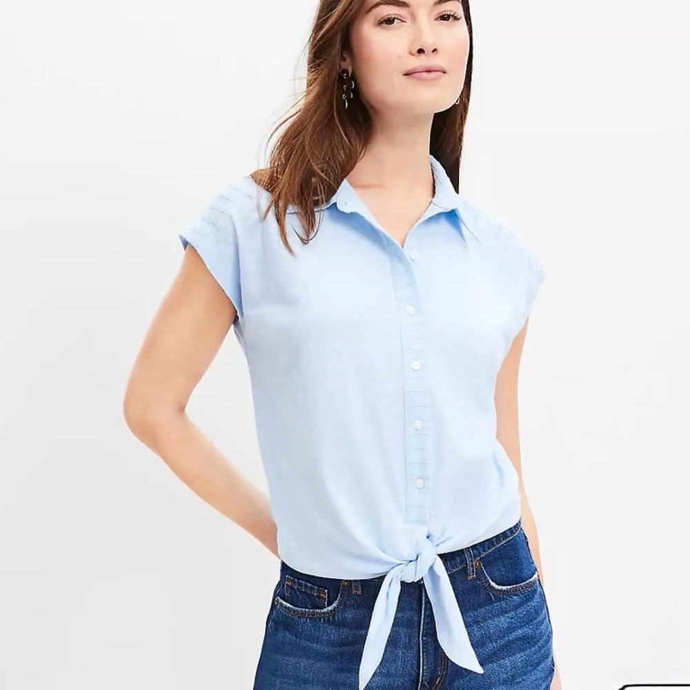 LOFT Lakeside Mist Dobby Stripe Modern Tie Front Mixed Media Top